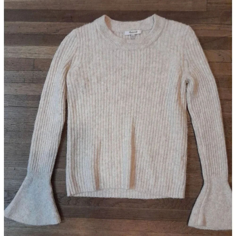 Madewell Wool Blend Flared Sleeve Lightweight Fall School Sweater Sz XS Oatmeal